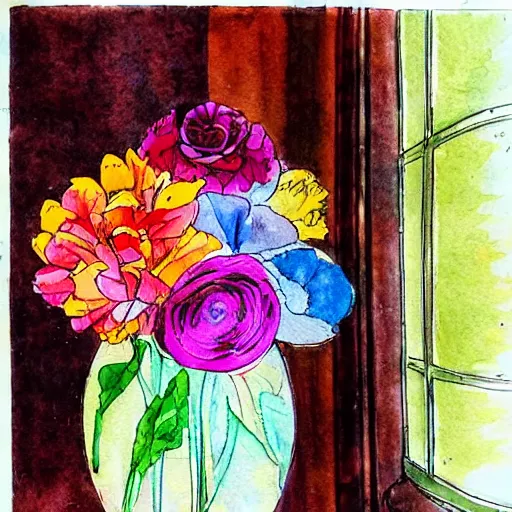 Image similar to a fancy vase with a colorful and beautiful flower arrangement by the fancy window. very stylize and delicate watercolor and pencil drawing on old newspaper. colors splashes. stains. view from far.