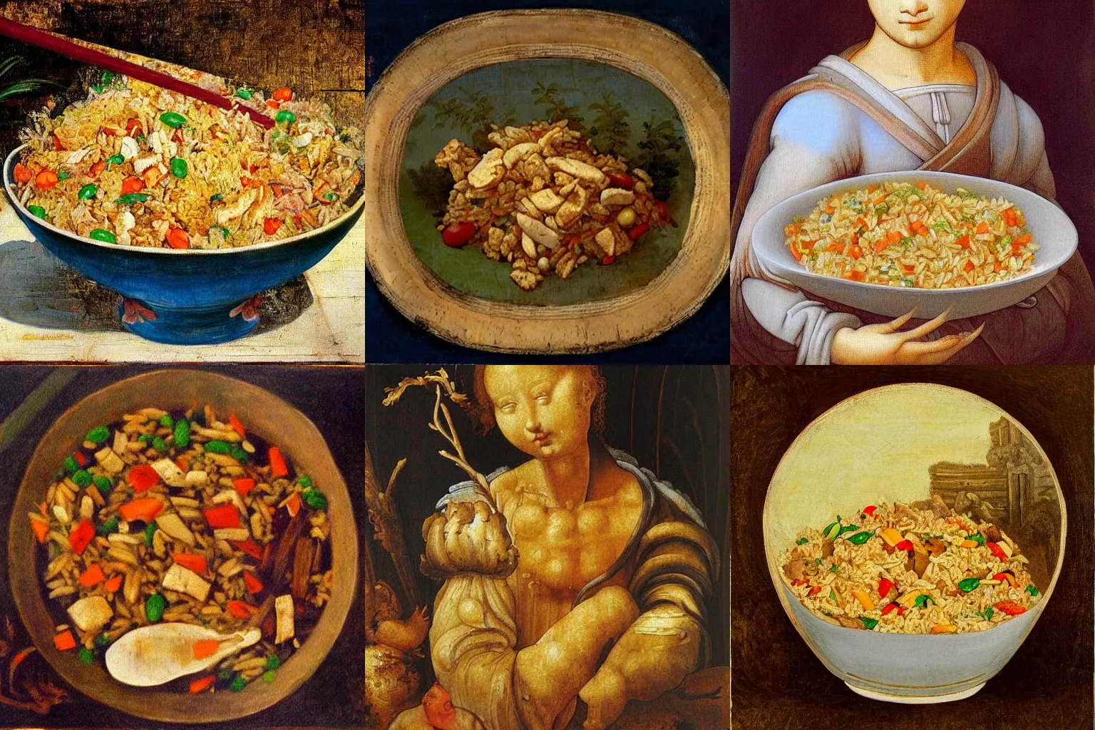 Prompt: a beautiful painting of chicken fried rice by Michelangelo and Leonardo Da Vinci