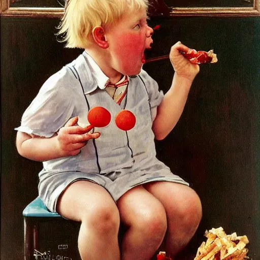 Prompt: Boris Johnson as a child eating a lollipop by Norman Rockwell