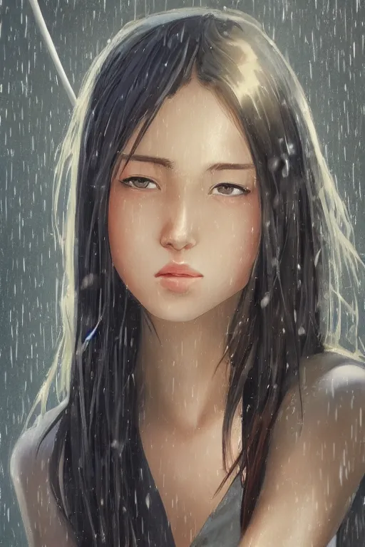 Image similar to a girl in the rain, full shot, realistic shaded perfect body, fine - face, fine details. night setting. very anime style. realistic shaded lighting poster by ilya kuvshinov katsuhiro, magali villeneuve, artgerm, jeremy lipkin and michael garmash, rob rey and kentaro miura style, trending on art station