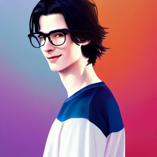 Prompt: colorful and Festive Captivating young man with long straight black hair, round glasses, white t-shirt, smiling, innocent look. rich vivid colors, ambient lighting, dynamic lighting, 4k, atmospheric lighting, painted, intricate, highly detailed by Charlie Bowater