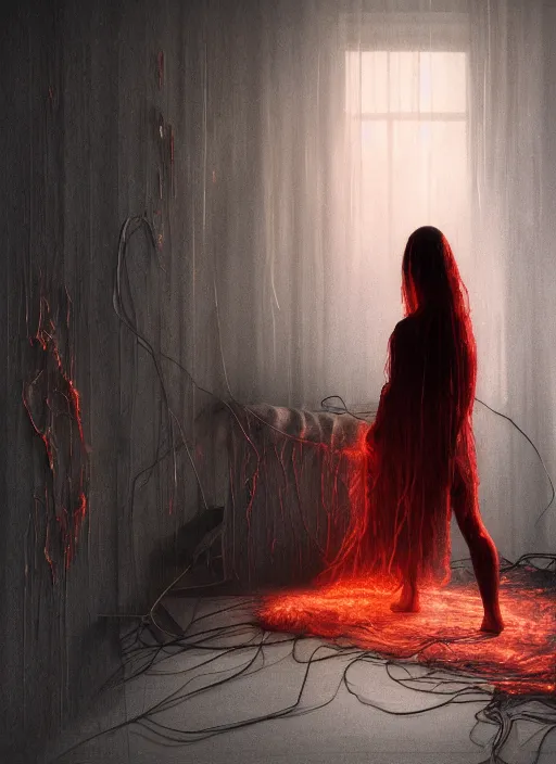 Image similar to rgb, woman, bedroom full of fire, sadness, cinematic, movie scene, inspired by zdzislaw beksinski, clothes made out of veins,, cables everywhere, bedroom, ultra realistic, concept art, intricate details, highly detailed, photorealistic, octane render, 8 k