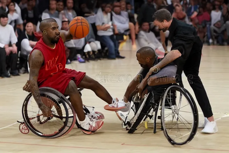 Image similar to kanye west playing basketball against players in wheelchair, in basketball court, shutterstock editorial image, ap news, professional photo, realistic, 4k, real life