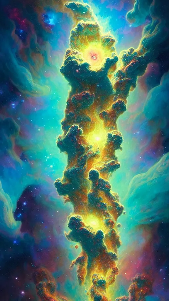 Image similar to psychedelic transcendent puffs! of smoke explosion, space, supernova, nebulae, pillars of creation, enlightenment, high contrast lighting, highly detailed, concept art, art by collier, albert aublet, krenz cushart, artem demura, alphonse mucha