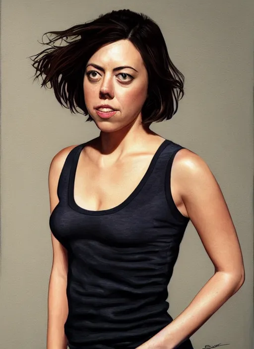 Image similar to full length photo of Aubrey Plaza in a tanktop in the style of stefan kostic, full body, not realistic, sharp focus, 8k high definition, insanely detailed, intricate, elegant, art by stanley lau and artgerm