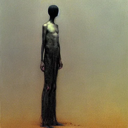 Image similar to slenderman, high detail, masterpiece, oil on canvas, art by beksinski