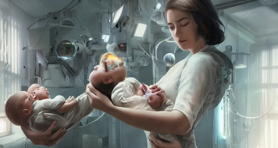 Image similar to a very very very very very very beautiful realistic still of a woman holding a newly born cyborg baby in a cyborg factory hospital, rendered by beeple, by makoto shinkai, syd meade, starwars, space art concept, sci - fi, digital art, unreal engine, wlop, trending on artstation, 4 k uhd image, octane render