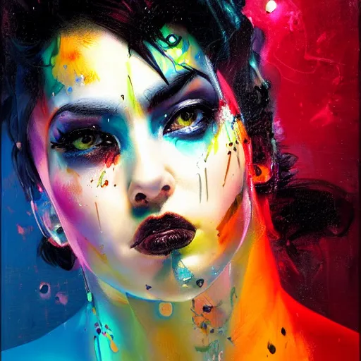 Prompt: cyberpunk goddess boxing, black hair, side portrait, striking, defiant, spotlight, vibrant colors, paint splash, beautiful eyes, by marco paludet and gianni strino and marion bolognesi