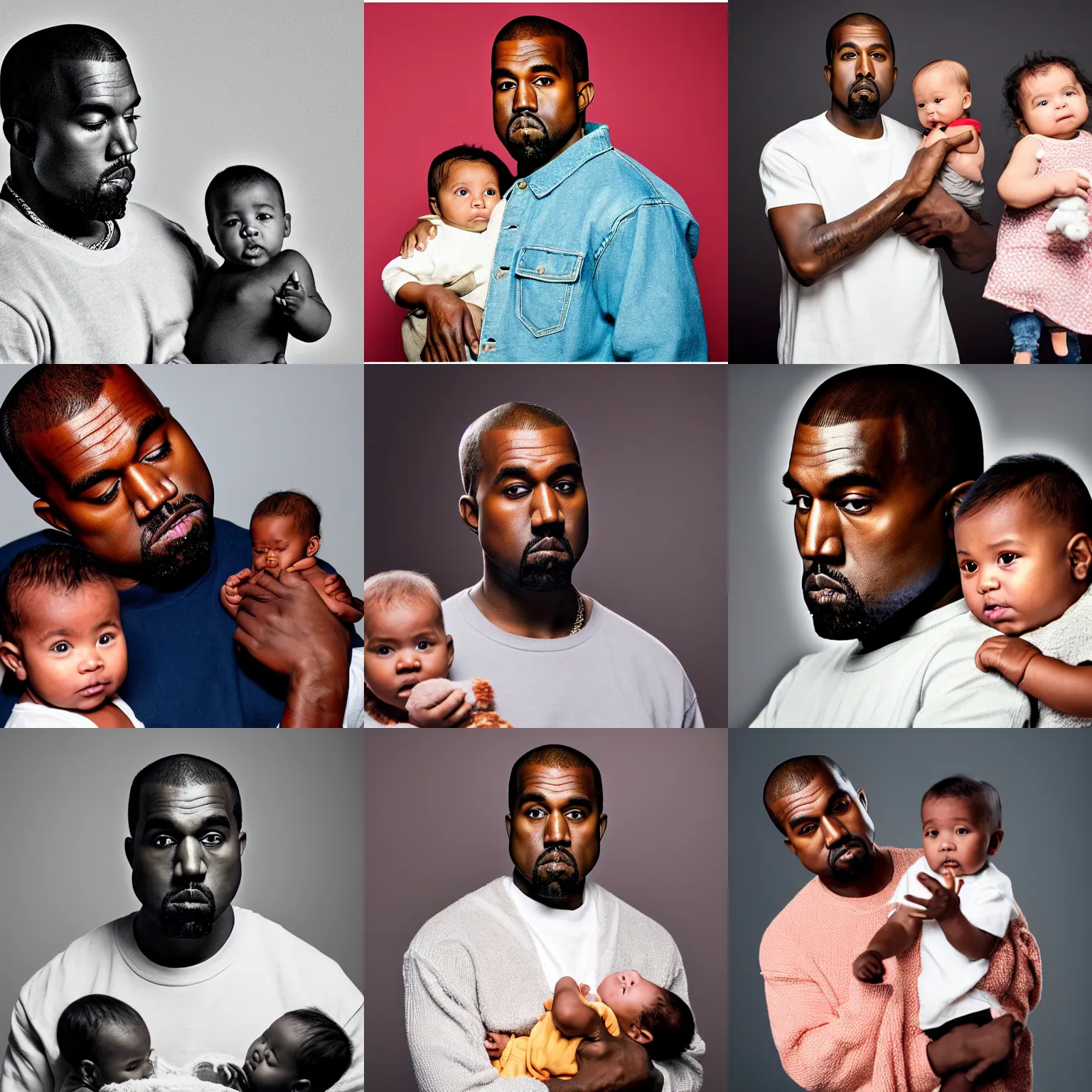 Prompt: kanye west holding a baby with the face of kanye west, studio lighting, sigma 8 5 mm