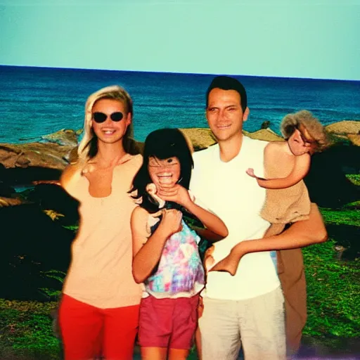 Prompt: family vacation photo taken with a cheap disposable camera with a superimposed ghost later discovered when it was developed, cursed photo, kodak