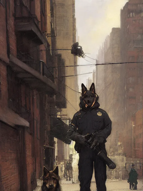 Image similar to new york city portrait of furry anthro anthropomorphic german shepard head animal person fursona wearing clothes nypd traditional police uniform in the alley, sunny day, digital art by Nerdrum John, William Waterhouse, Winslow Homer, Alex Heywood, Jordan Grimmer, Darren Quach, Greg Rutkowski, Simon Stalenhag, trending on Artstation, CGSociety