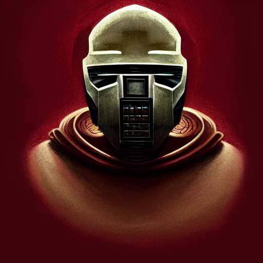 Image similar to portrait of mf doom, dr. doom metal steel mask, dark skin underneath. red t - shirt, beige complex background, intricate, elegant, highly detailed, digital painting, artstation, concept art, smooth, sharp focus, illustration, by anato finnstark, boissb - blanca. j, cindy avelino, clint cearley, anna podedworna