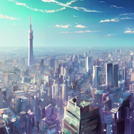 Prompt: The Top of the Skyscraper overlooking the Skyline of Tokyo, Anime concept art by Makoto Shinkai