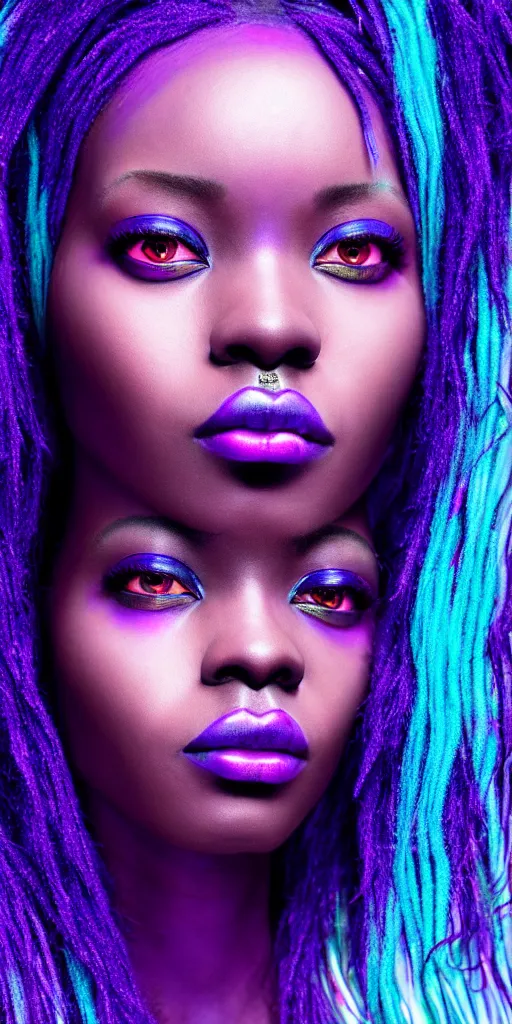 Image similar to hyperrealistic intricate close-up of beautiful african woman with purple hair and pearlescent blue skin hannah yata machiej kuciara dramatic neon lighting on one side