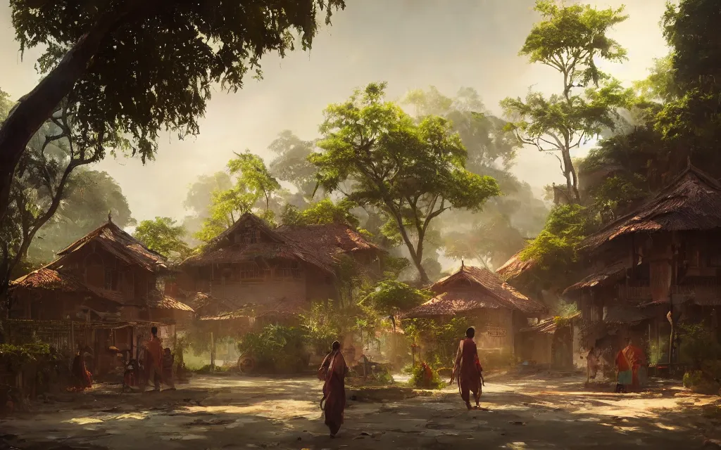 Image similar to kerala village, sharp focus, wide shot, trending on artstation, masterpiece, by greg rutkowski, by ross tran, by fenghua zhong, octane, soft render, oil on canvas, colorful, cinematic, environmental concept art