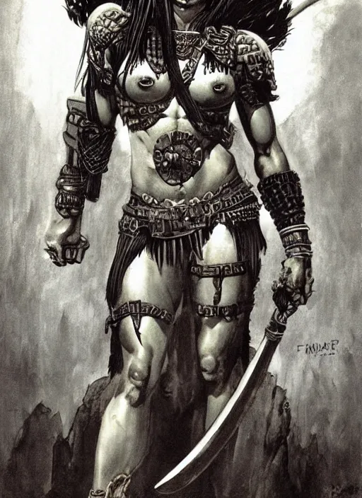 Image similar to a highly detailed symmetrical painting of a female amazon warrior with piercing beautiful eyes in dark tomb setting, dynamic lighting, ambient lighting, deviantart, art by frank frazetta and glenn fabry