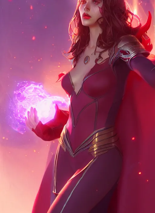 Image similar to scarlet witch in league of legends, au naturel, hyper detailed, digital art, trending in artstation, cinematic lighting, studio quality, smooth render, unreal engine 5 rendered, octane rendered, art style by klimt and nixeu and ian sprigger and wlop and krenz cushart.