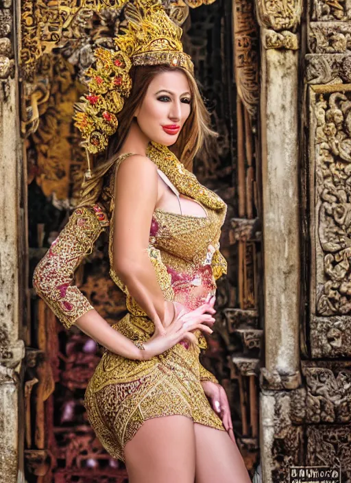 Image similar to portrait of jordan carver wearing kebaya in bali temple, by charlotte grimm, natural light, detailed face, beautiful features, symmetrical, canon eos c 3 0 0, ƒ 1. 8, 3 5 mm, 8 k, medium - format print,