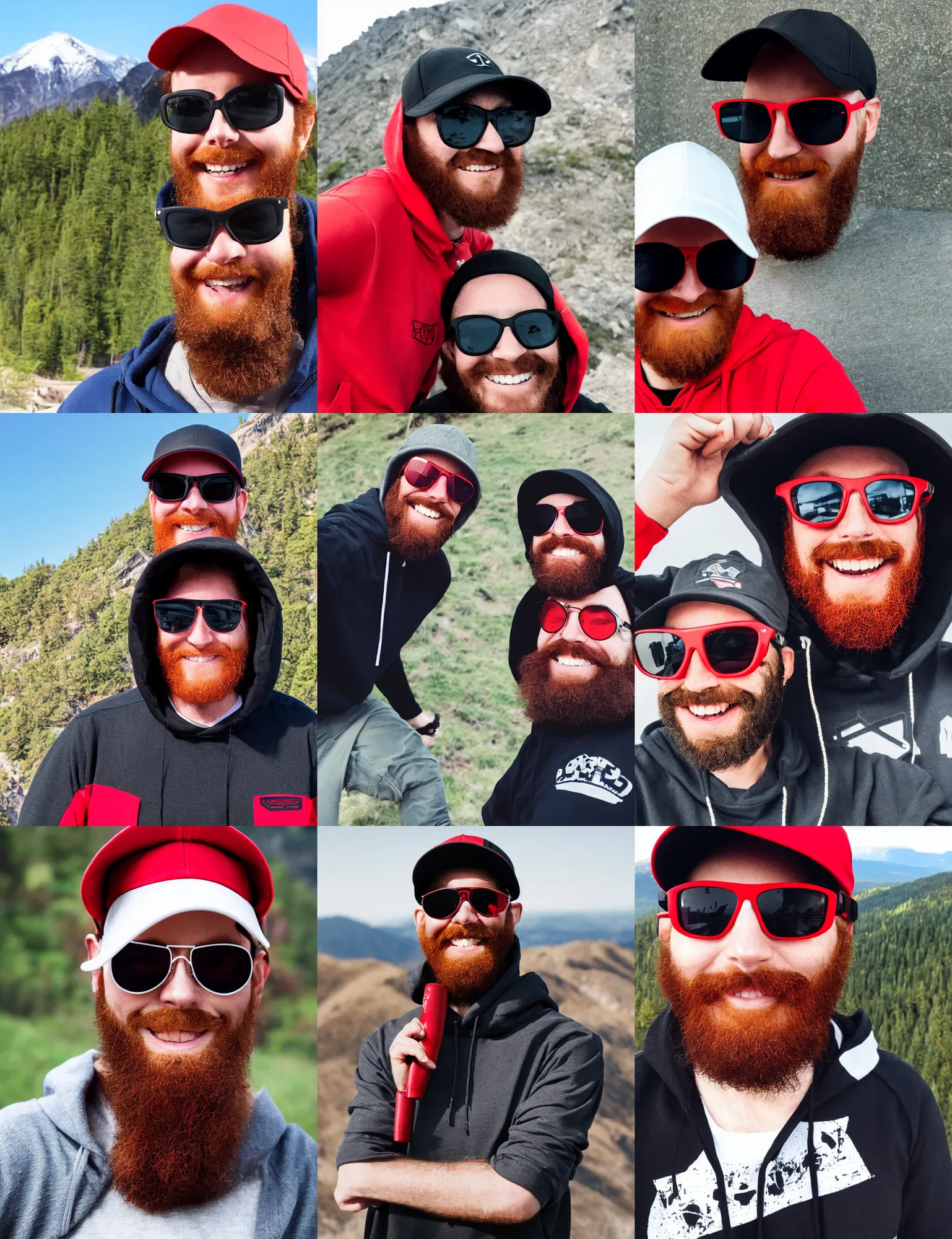 Prompt: red bearded engineer with sunglasses and black baseball cap and hoody, mountain, smiley profile, in front on camera, white skin, centred, high detailed