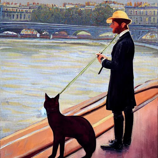 Image similar to ewan mcgregor is standing by the river seine on a bridge in the morning. he is wearing a gentleman ´ s outfit with a bowler hat. next to him at his feet is lying a brown cat. ewan mcgregor is painting a canvas that is put on an easel. morning light. early 2 0 th century paris. vivid colours, digital art