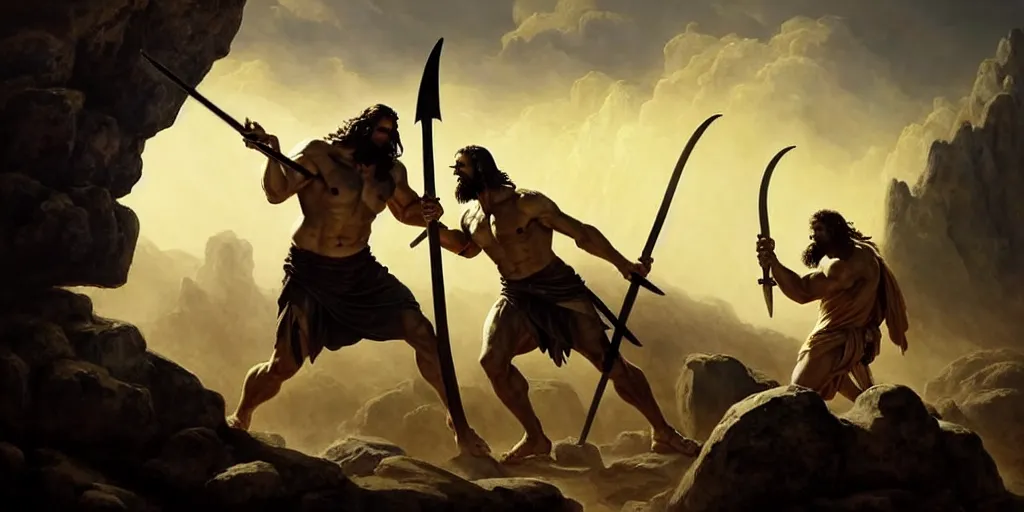 Image similar to realistic scene of biblical Cain with a spear fighting Abel with a reaper scythe, a stone altar with white smoke ascending in the background, masculine and rugged, inspired art by Frazetta + facial symmetry + bright dramatic volumetric lighting, well lit, 8k octane render, intricate, epic composition, golden hour, cinematic studio lighting + masterpiece, trending on artstation, very detailed, masterpiece, stunning