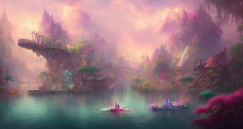 Image similar to an amusement park boat ride with pastel colors by peter mohrbacher, vivid colors, matte painting, 8K, concept art, mystical color scheme, trending on artstation