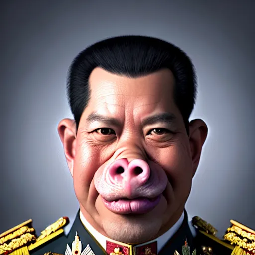 Prompt: a portrait of King Vajiralongkorn with the facial features of a pig, realistic face, grimdark extremely detailed fantasy art by Gerald Brom, octane render