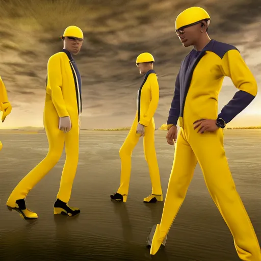 Image similar to futuristic world with people wearing yellow jump suits, 8 k resolution, cinematic lighting, anatomically correct