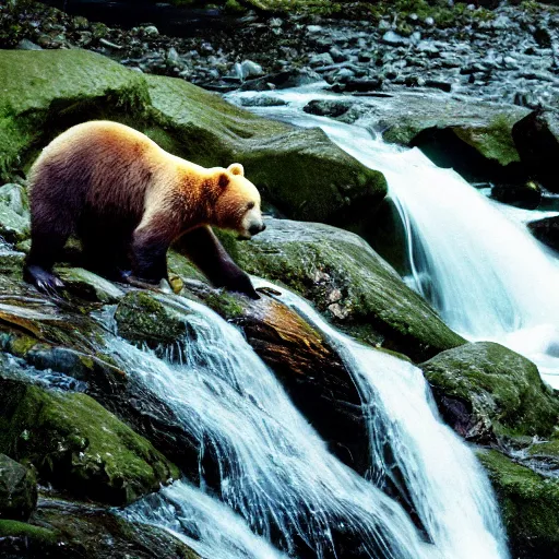 Image similar to hundreds lots lots lots of bears catching salmon at the top of a small waterfall in alaska, national geographic photo, detailed, wide angle, 1 2 0 mm film photo 4 k