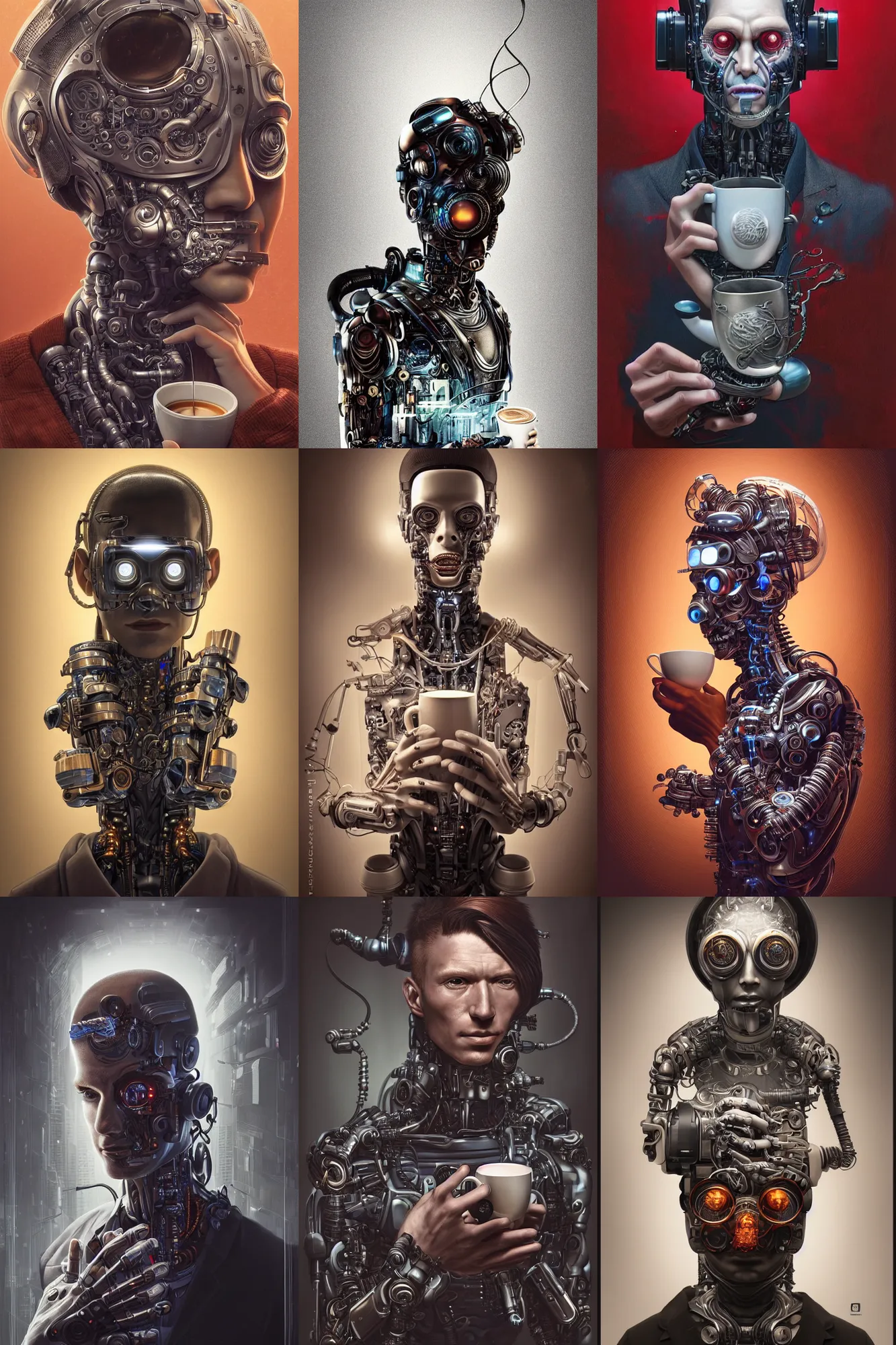 Prompt: a stunning ultra detailed fine art portrait of a cyberpunk cybernetic cyborg man with a cup of coffee, by naoto hattori, tom bagshaw and zach sutton, 8 5 mm lens, sharp focus, studio lighting, perfect face and eyes, very detailed, artstation, 8 k