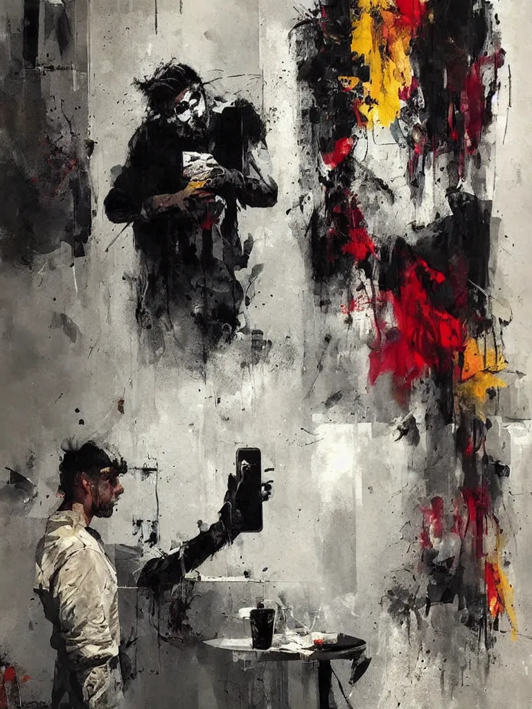 Prompt: a beautiful picture by joram roukes of a man looking at his phone in a bathroom, color bleeding, brushstrokes by jeremy mann, head skull