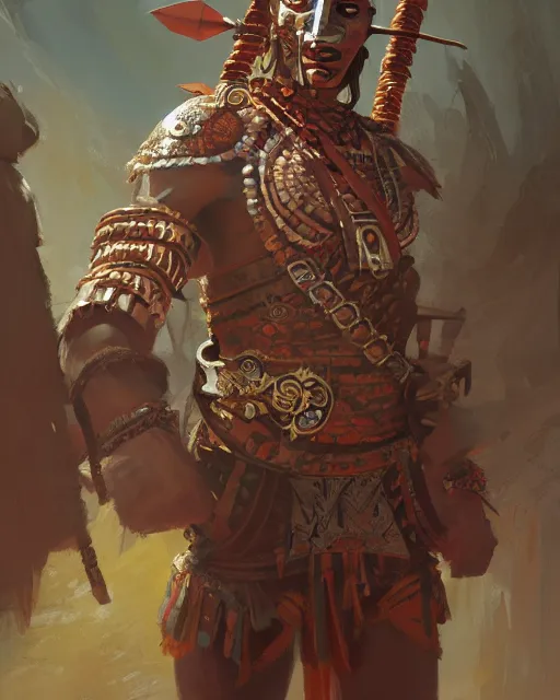 Prompt: an aztec warrior, fantasy, intricate, elegant, highly detailed, digital painting, artstation, concept art, smooth, sharp focus, illustration, edge highlights, beautiful light and shadows, art by krenz cushart and greg rutkowski and sachin teng and sergey kolesov and ruan jia and heng z