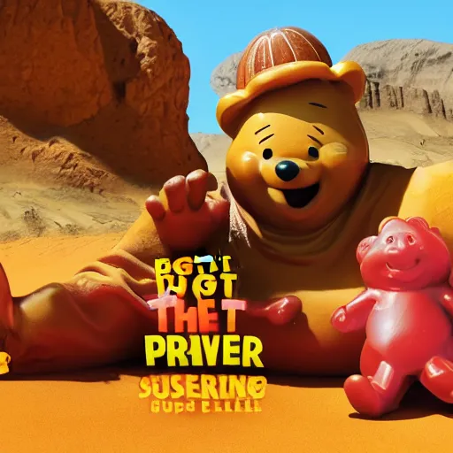 Image similar to promotional movie still the biggest frying pan in the world is in a desert. in the pan are life - size gummi bears that are melting. it's very sunny and very hot. the gummi bears are sweating. 3 d, digital art, octane 3 d render, ue 5, cinematic, imax 7 0 mm, product lighting, dramatic lighting. concept art.