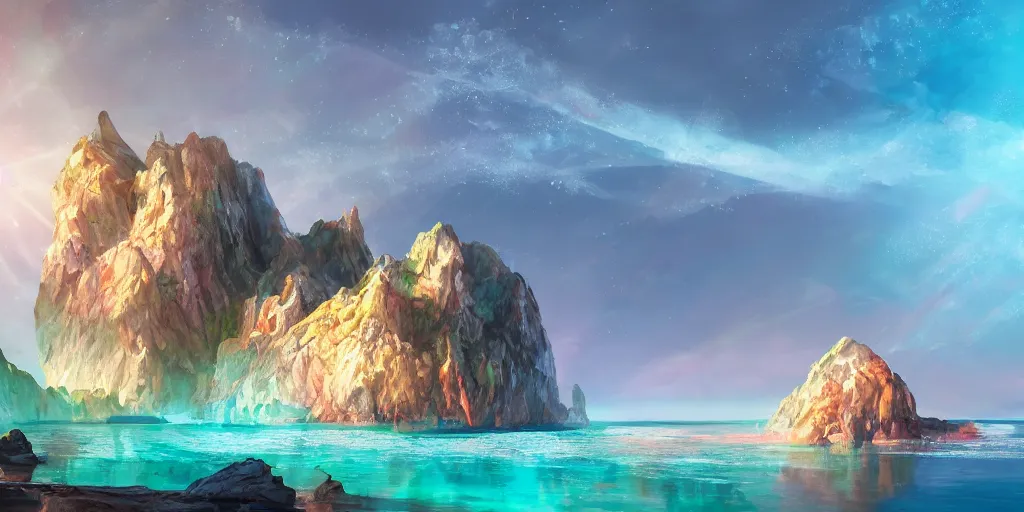 Image similar to salt covered islands surrounded by sheer colourful quartz cliffs, illustration, bright sunlight, sun glints, sunrays, digital art, oil painting, fantasy, 8 k, trending on artstation, detailed