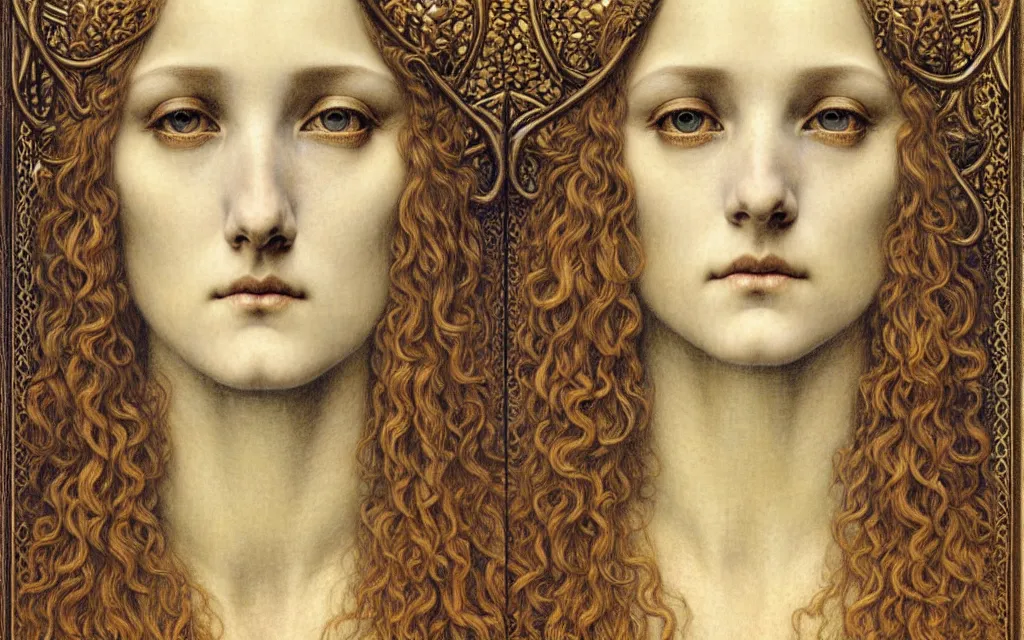 Image similar to detailed realistic beautiful young medieval queen face portrait by jean delville, gustave dore and marco mazzoni, art nouveau, symbolist, visionary, gothic, pre - raphaelite. horizontal symmetry