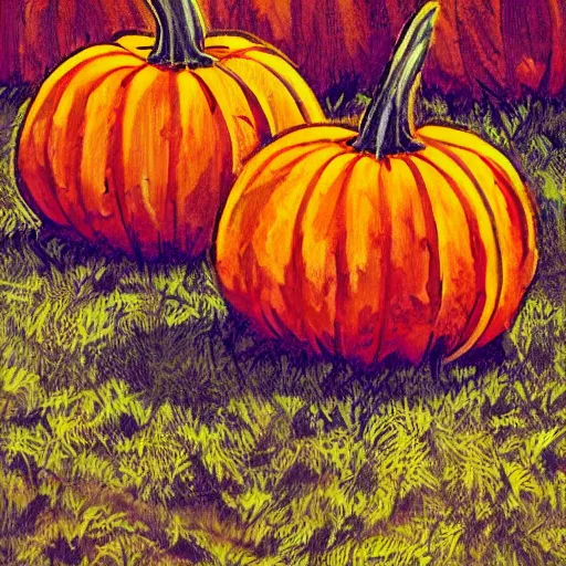 Prompt: pumpkin patch, concept art, illustrated, highly detailed, high quality, bright colors, optimistic,
