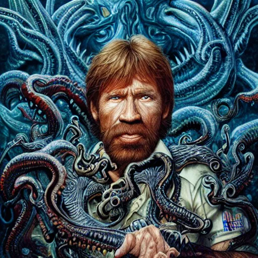 Prompt: uhd photorealistic detailed image of chuck norris fighting lovecraftian cthulhu by ayami kojima amano, karol bak, correct face