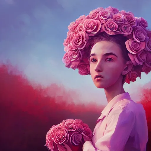 Image similar to closeup, large rose flower head, frontal, girl in a suit, surreal photography, sunrise, dramatic light, impressionist painting, digital painting, artstation, simon stalenhag