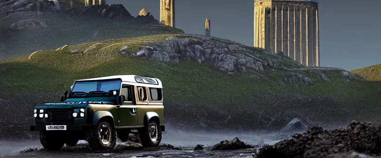 Image similar to Land Rover Defender 110 (1985), an epic fantasy, dramatic lighting, cinematic, establishing shot, extremely high detail, photorealistic, cinematic lighting, artstation, by simon stalenhag, The Elder Scrolls IV: Oblivion, Green Cyrodiil plains, Imperial City with the Adamantine Tower in the middle in the distance, Adamantine Tower in the distance, at day
