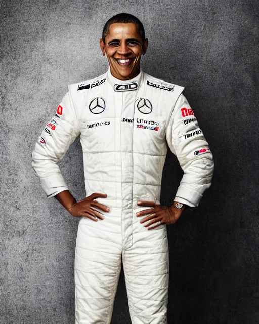 Image similar to a portrait of a mercedes f 1 driver in a white overall with the face of barack obama, outdoor, professional portrait photography, ambient light