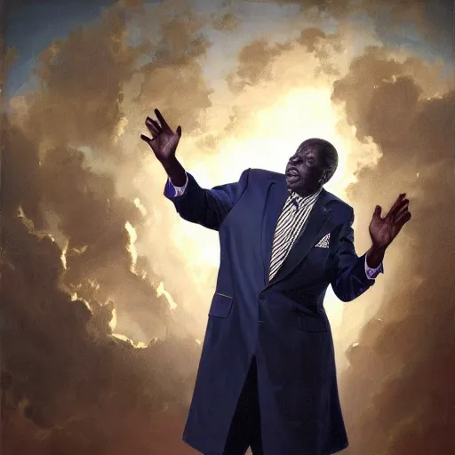 Image similar to a painting of a XXL wise elder from Kenya in a suit by Kehinde Wiley . dramatic angle, ethereal lights, details, smooth, sharp focus, illustration, realistic, cinematic, artstation, award winning, rgb , unreal engine, octane render, cinematic light, macro, depth of field, blur, red light and clouds from the back, highly detailed epic cinematic concept art CG render made in Maya, Blender and Photoshop, octane render, excellent composition, dynamic dramatic cinematic lighting, aesthetic, very inspirational, arthouse.