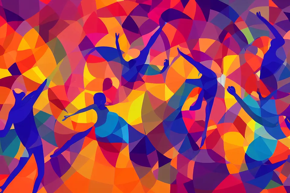 Image similar to a colorful, computer generated, abstract geometric intriguing render, abstract human figures dancing, autumnal colors