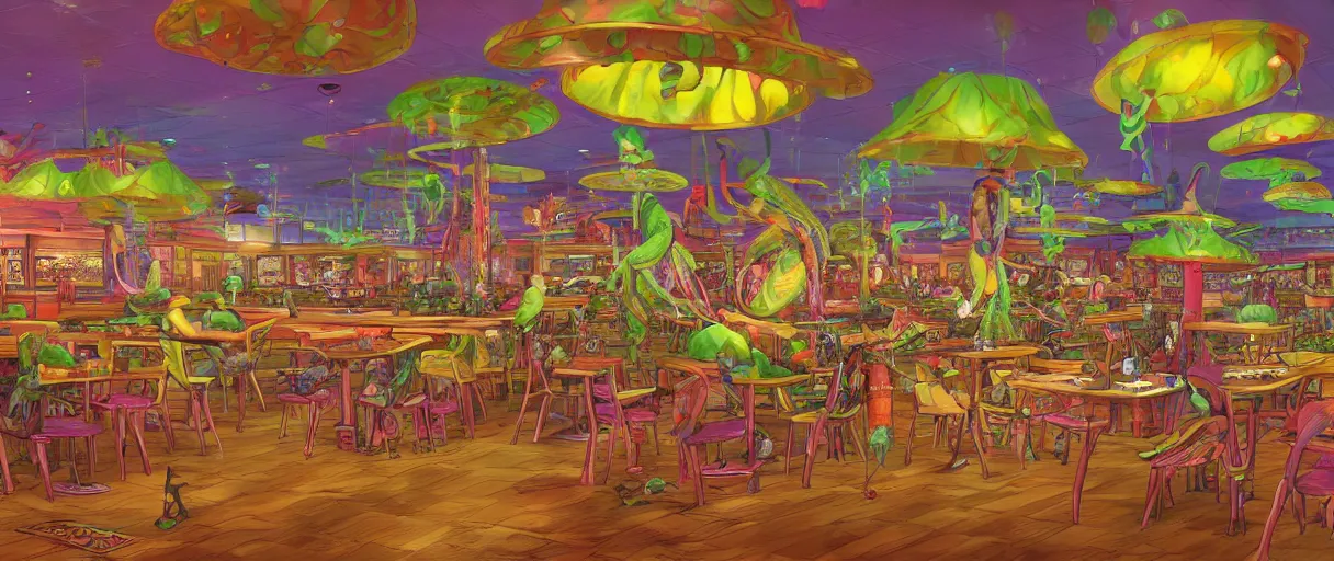Prompt: a beautiful painting of a swarm of psychedelic mantis shrimp at a Golden Corral | graphic novel:.1 | unreal engine:.5