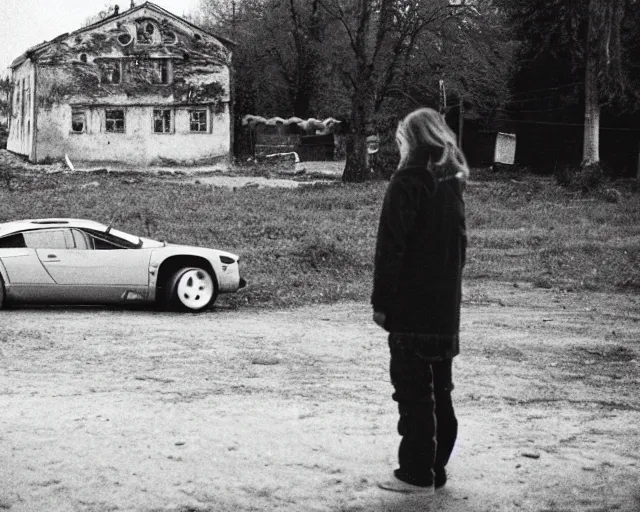 Image similar to a lomographic photo of lamborgini standing in typical soviet yard in small town, hrushevka on background, cinestill, bokeh