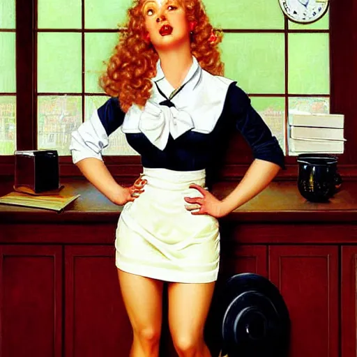 Image similar to beautiful painting of jerma985 with long pale curly blond hair, very very light fluffy curly blond hair, white secretary shirt and black miniskirt, pinup poster by J.C Leyendecker and Norman Rockwell