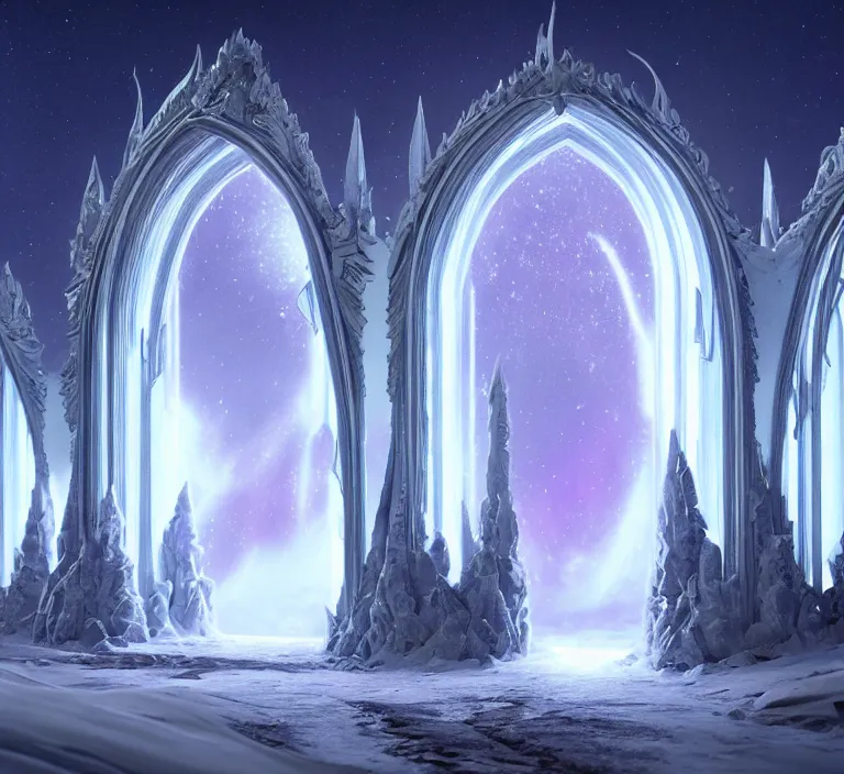 Image similar to a very detailed concept art of intricate and elven white gates to aurora borealis infused with magic, dynamic lighting trending on artstation, symmetry, digital art, 4 k, hyper realistic, octane render, sharp focus