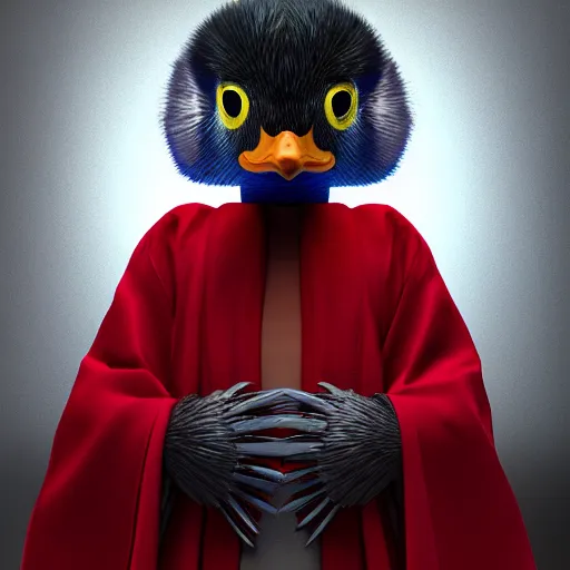 Image similar to portrait of cute mallard duck, wearing cultist red robe, standing at an altar, black feathers, glowing arcane eyes, very detailed black feathers, ultra detailed, cgi, photorealistic, unreal engine 5, nft portrait, 3 d, digital art, 8 k, octane render, trending on art station,