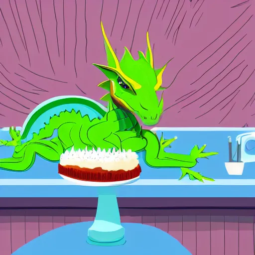 Image similar to Dragon with a body made of cake, sleeping on the kitchen counter of a magical bakery, digital art