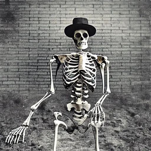 Prompt: Victorian Photograph of a skeleton outside