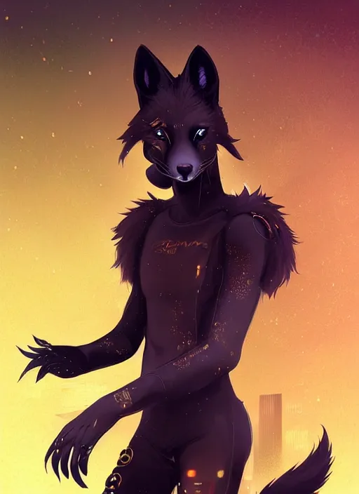 Image similar to award winning beautiful portrait commission of a male furry anthro melanated fox fursona with a tail and a cute beautiful attractive detailed furry face wearing stylish black and gold cyberpunk clothes in a cyberpunk city at night while it rains. Character design by charlie bowater, ross tran, artgerm, and makoto shinkai, detailed, inked, western comic book art